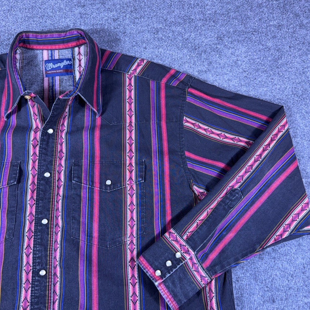 Wrangler Western Shirt Mens Pearl Snap Southwestern Stripe Diamond Navy Pink L